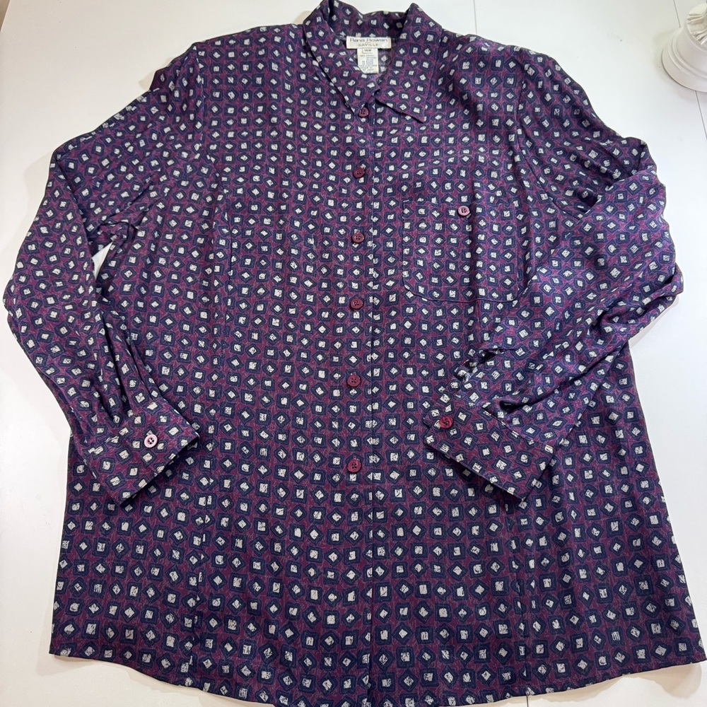 Rena Rowan 16W Purple Geometric Blouse Rayon Long Sleeve Button Front Plus Size
